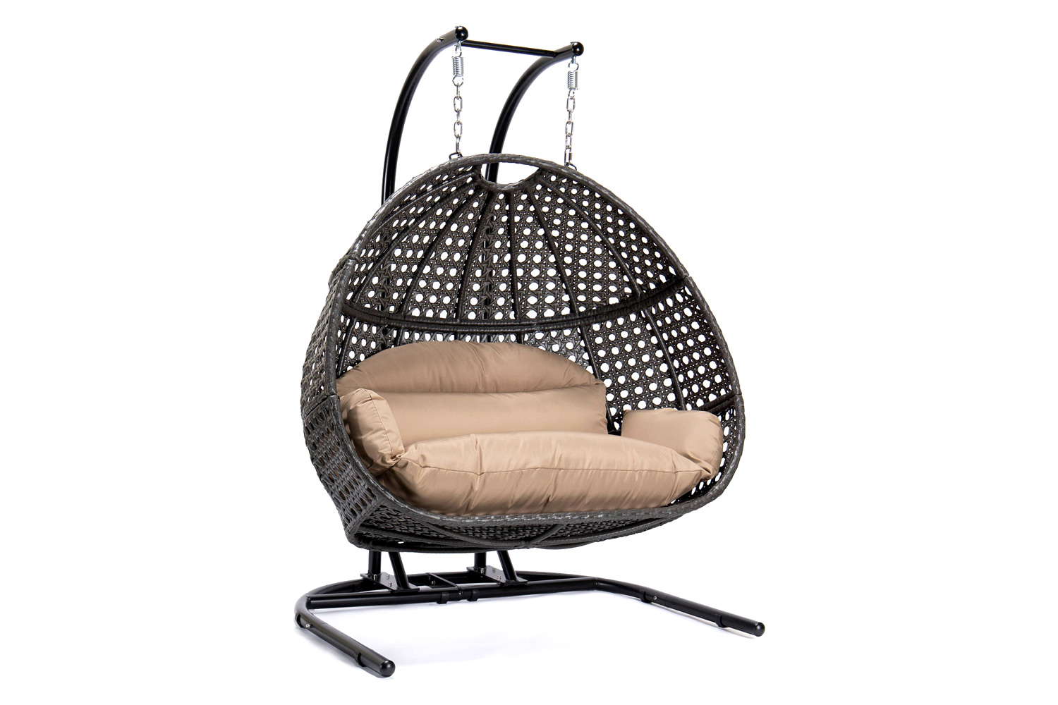 LeisureMod Wicker Hanging Double Egg Charcoal Swing Chair - Brown