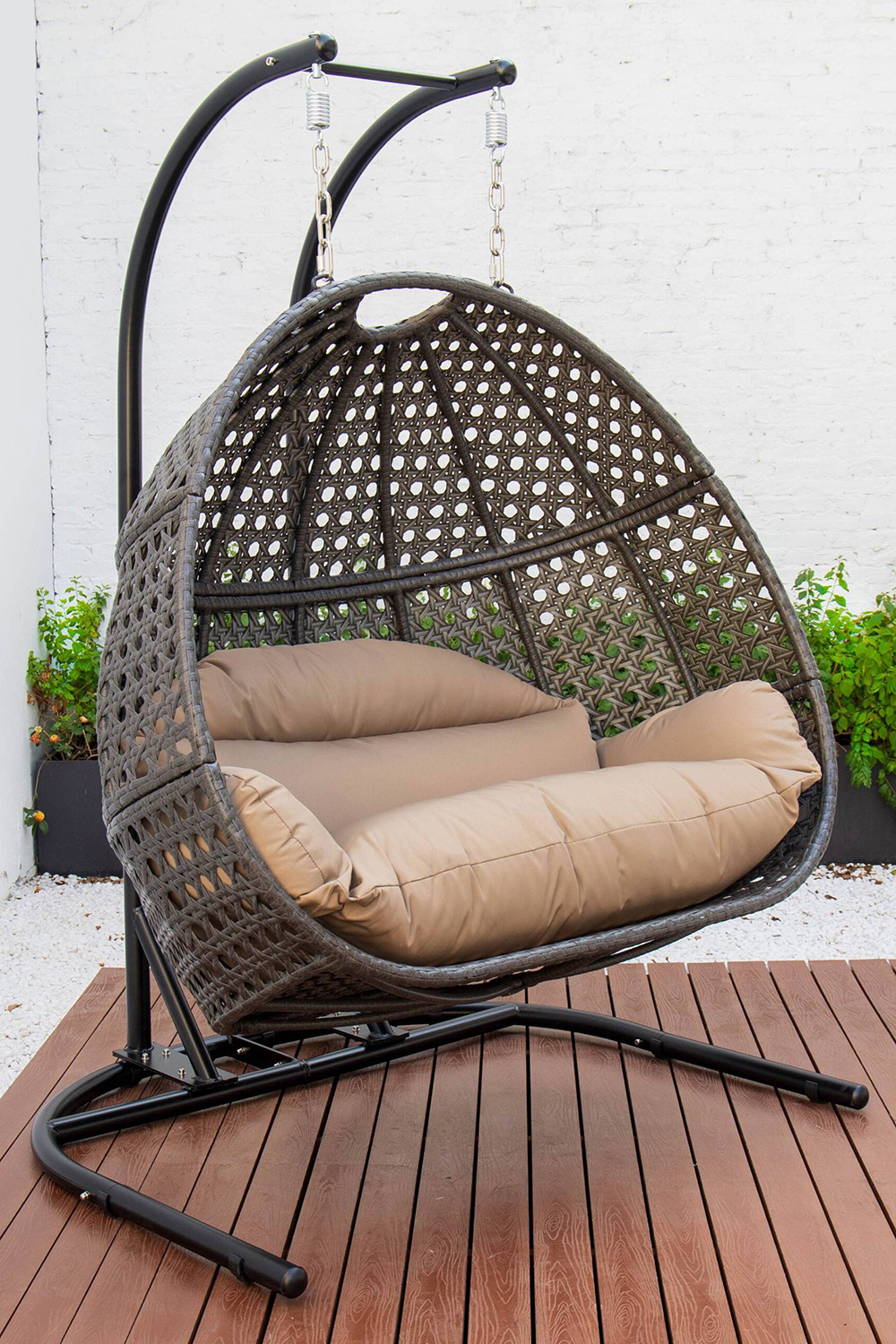 LeisureMod Wicker Hanging Double Egg Charcoal Swing Chair - Brown