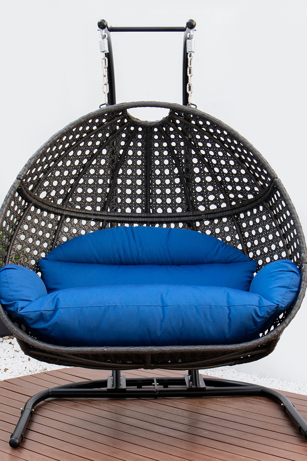 LeisureMod Wicker Hanging Double Egg Charcoal Swing Chair - Blue