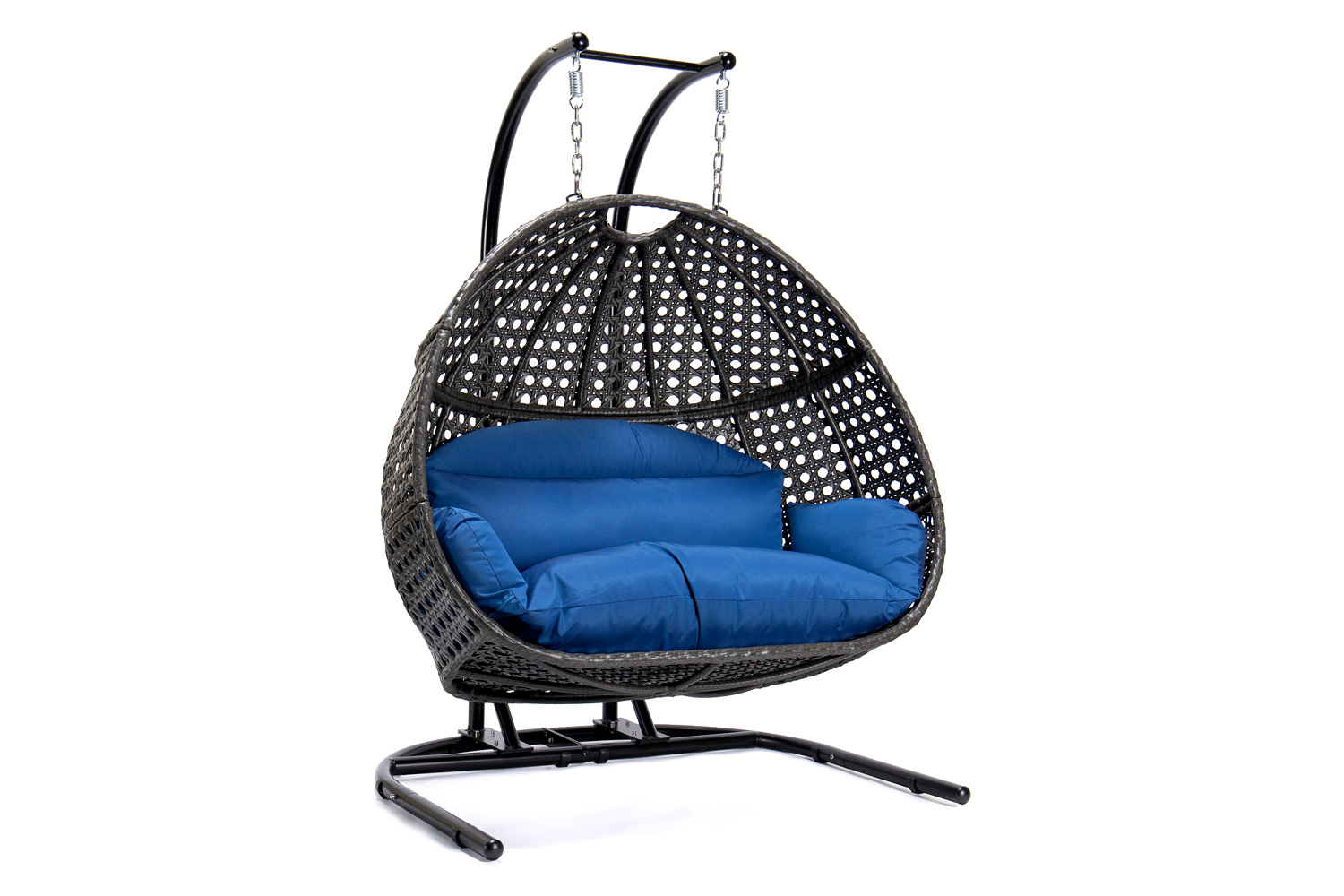 LeisureMod Wicker Hanging Double Egg Charcoal Swing Chair - Blue