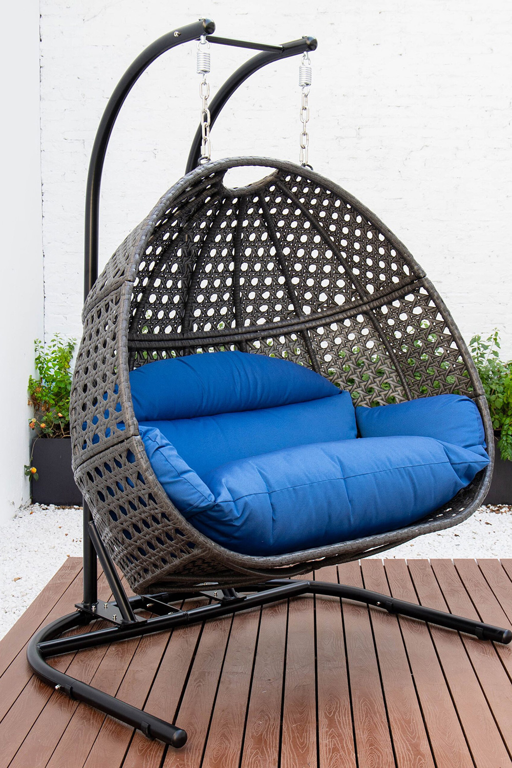 LeisureMod Wicker Hanging Double Egg Charcoal Swing Chair - Blue