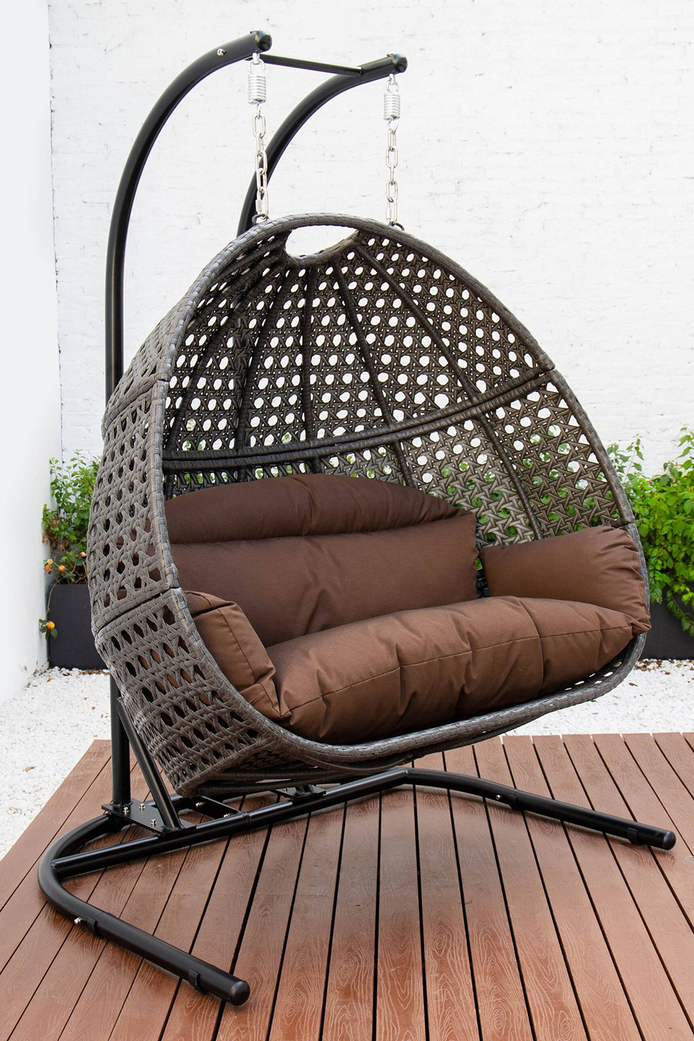 LeisureMod Wicker Hanging Double Egg Charcoal Swing Chair - Dark Brown