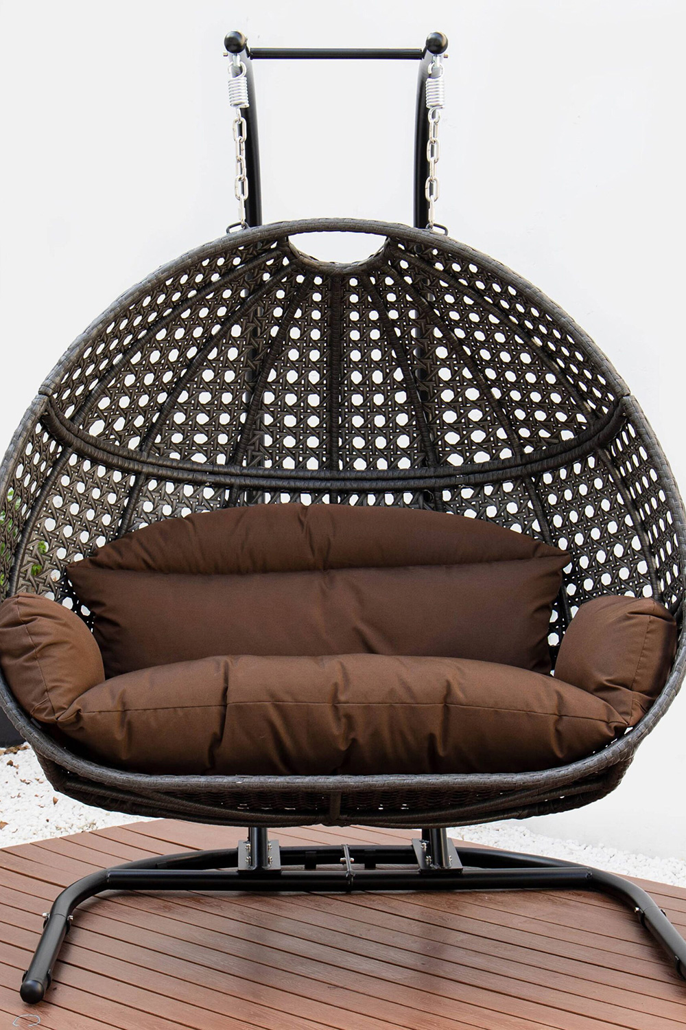 LeisureMod Wicker Hanging Double Egg Charcoal Swing Chair - Dark Brown