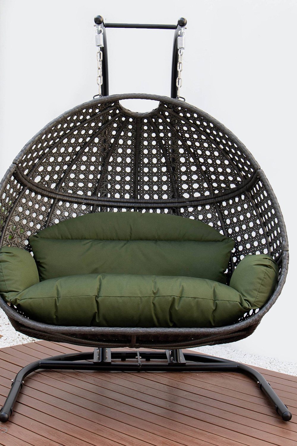 LeisureMod Wicker Hanging Double Egg Charcoal Swing Chair - Dark Green