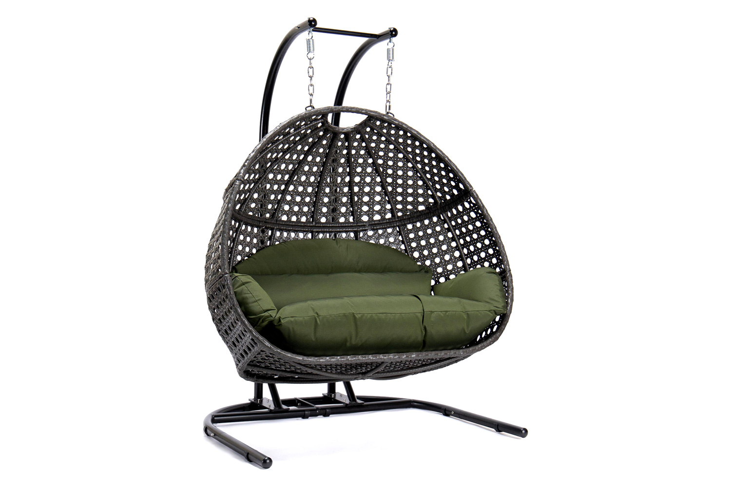 LeisureMod Wicker Hanging Double Egg Charcoal Swing Chair - Dark Green