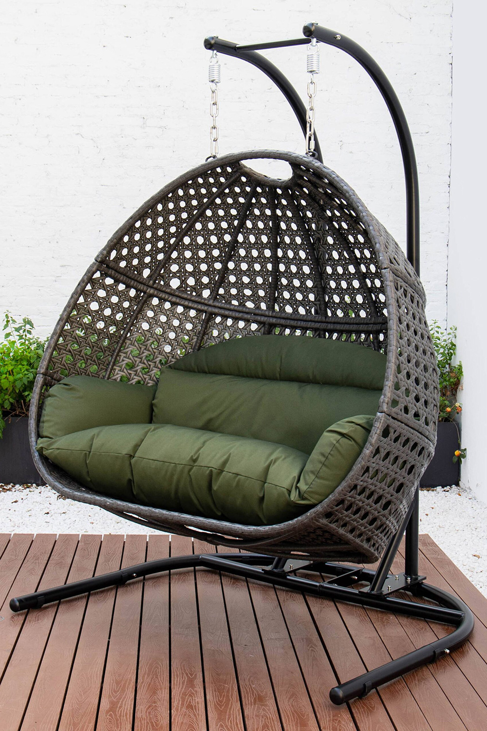 LeisureMod Wicker Hanging Double Egg Charcoal Swing Chair - Dark Green