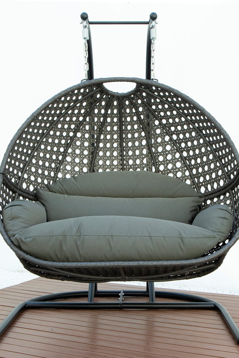 LeisureMod Wicker Hanging Double Egg Charcoal Swing Chair - Dark Gray