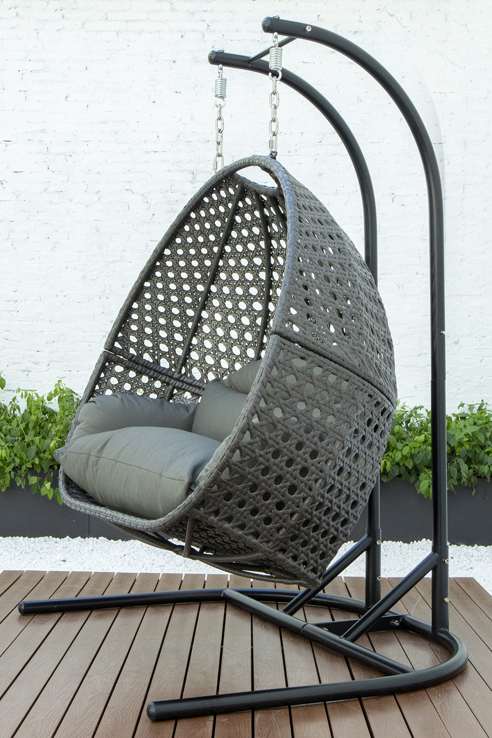 LeisureMod Wicker Hanging Double Egg Charcoal Swing Chair - Dark Gray