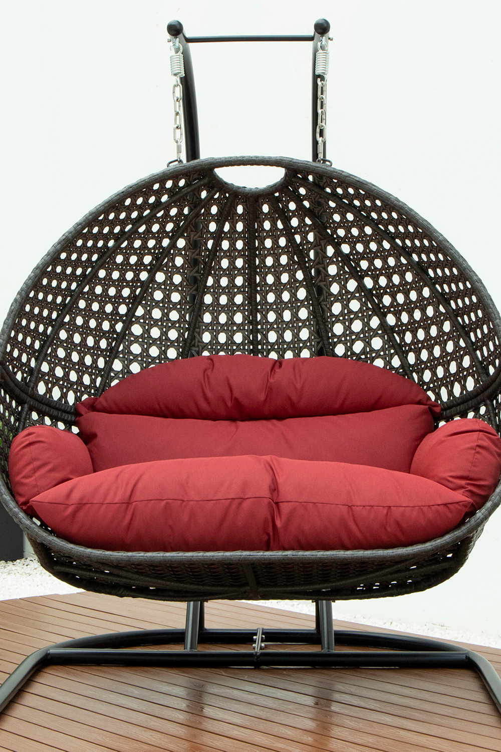 LeisureMod Wicker Hanging Double Egg Charcoal Swing Chair - Dark Red