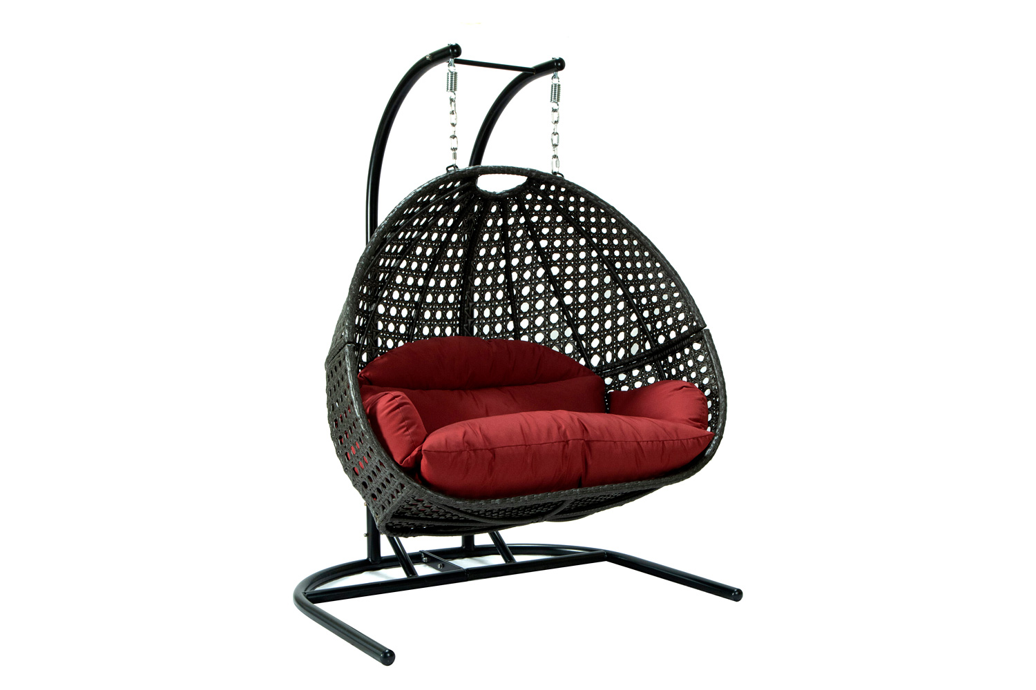 LeisureMod Wicker Hanging Double Egg Charcoal Swing Chair - Dark Red