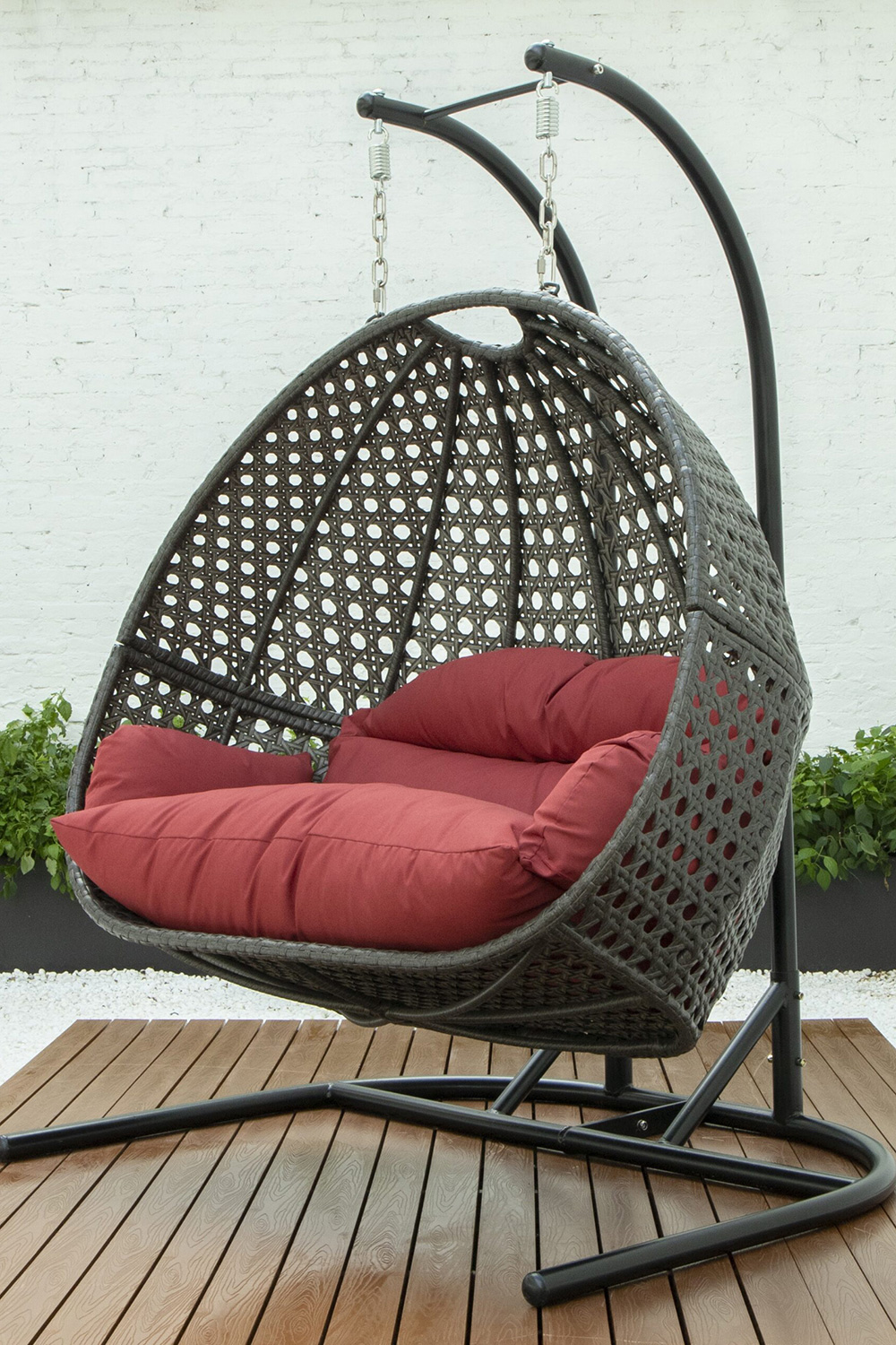 LeisureMod Wicker Hanging Double Egg Charcoal Swing Chair - Dark Red