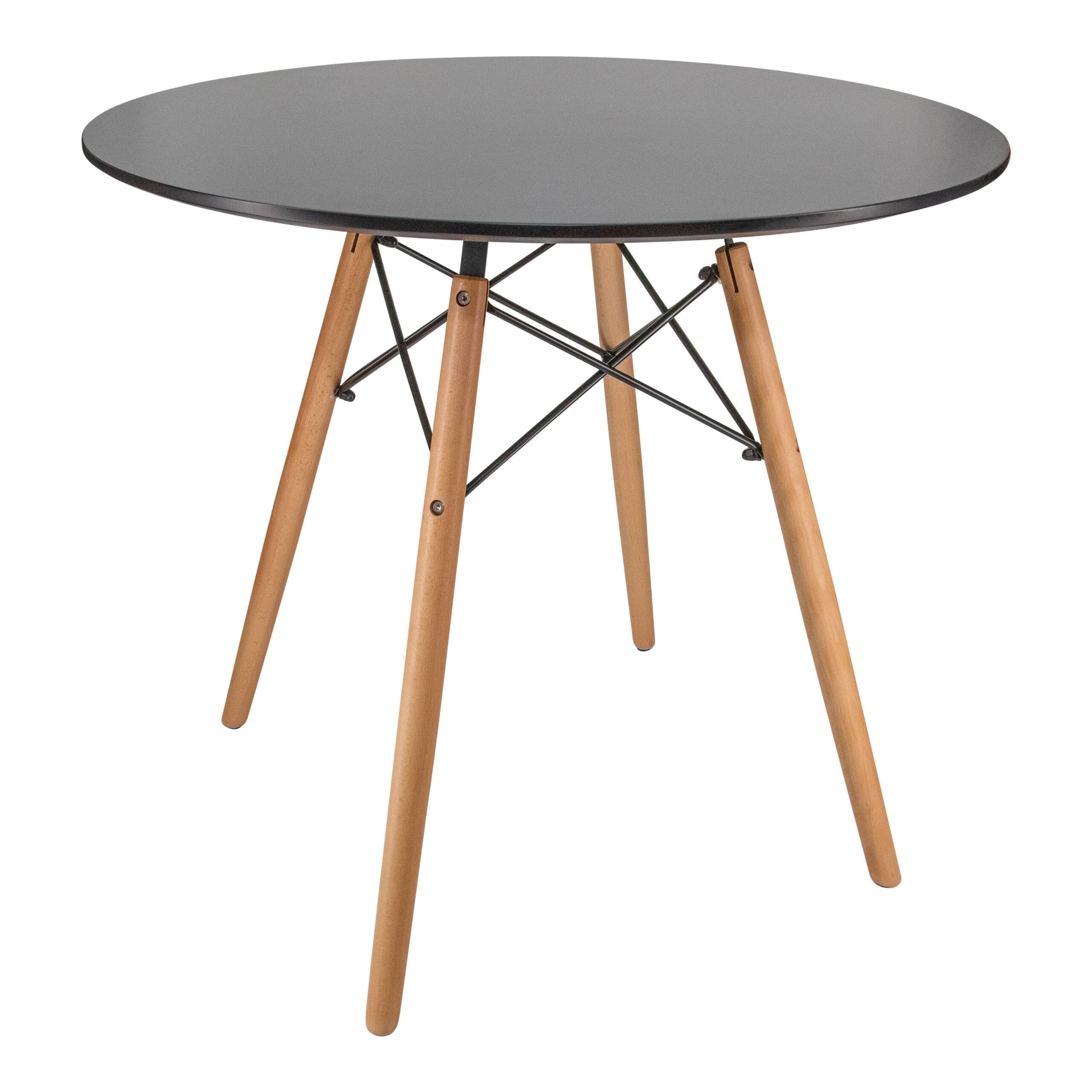 LeisureMod Dover Round Bistro Glass Top Dining Table with Natural Wood Eiffel Base