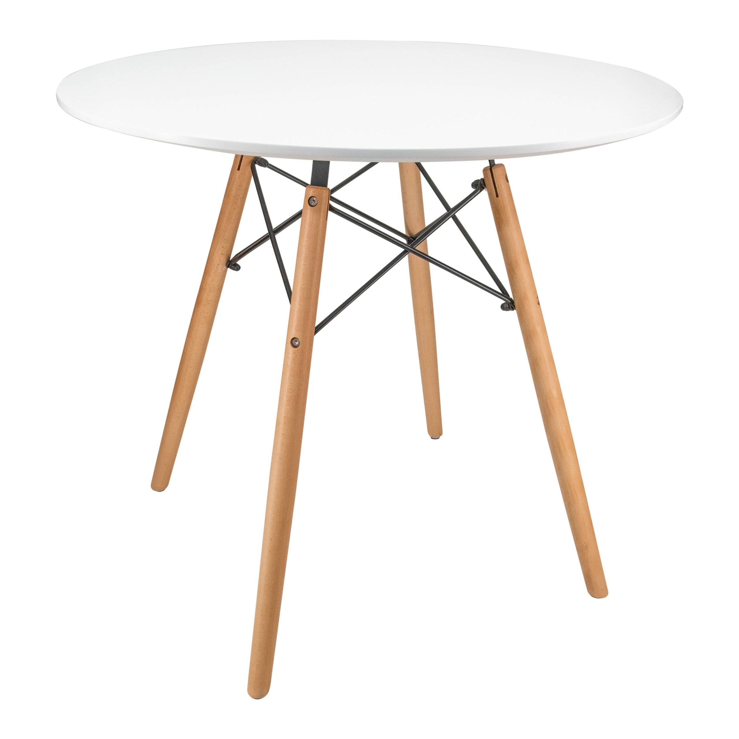 LeisureMod Dover Round Bistro Glass Top Dining Table with Natural Wood Eiffel Base