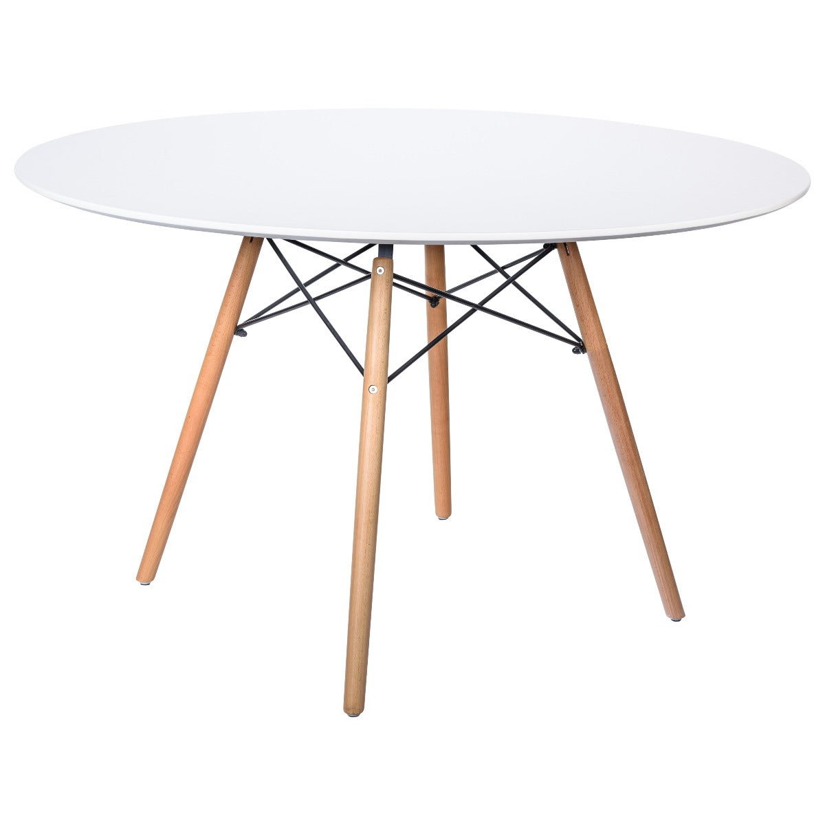 LeisureMod Dover Round Glass Top Dining Table with Natural Wood Eiffel Base