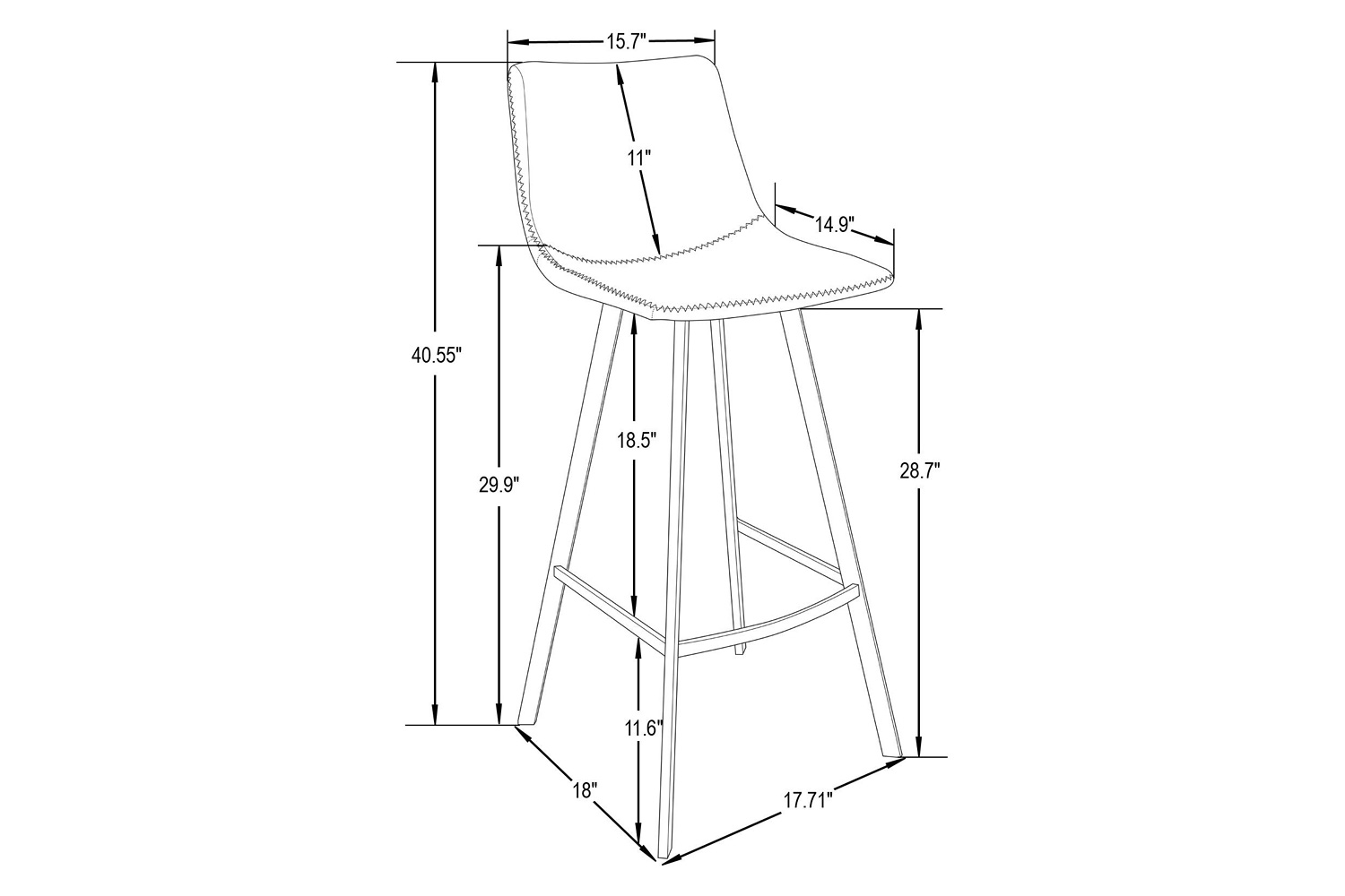 LeisureMod Elland Modern Upholstered Leather Bar Stool with Iron Legs and Footrest - Charcoal/Black