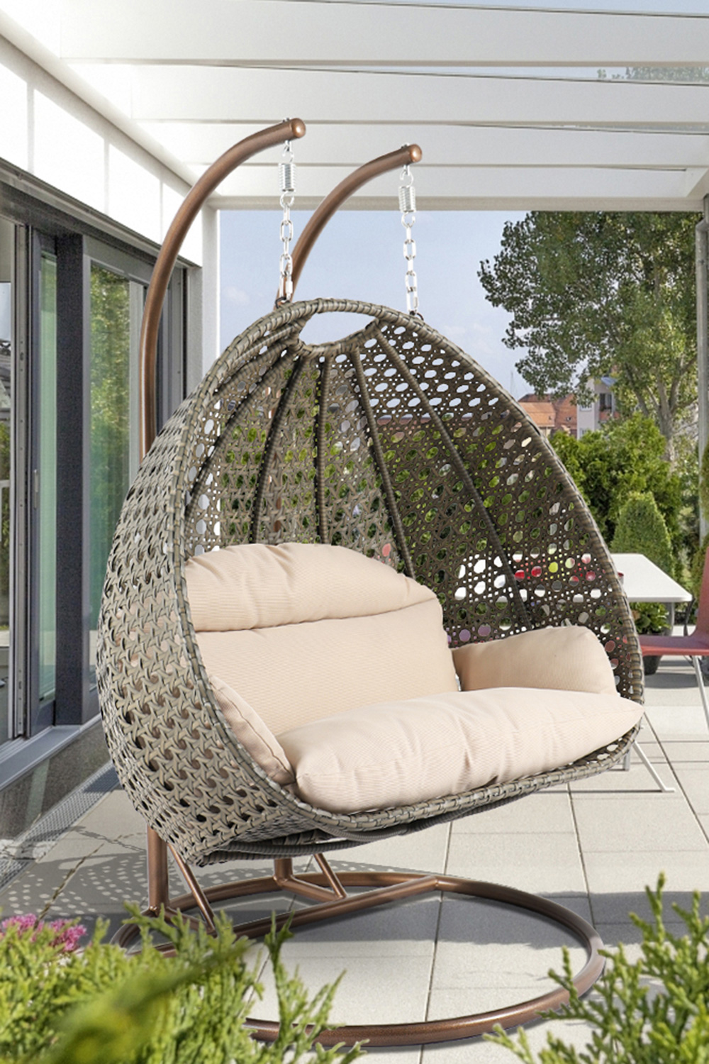 LeisureMod Modern Beige Wicker Hanging Double Seater Egg Swing Chair