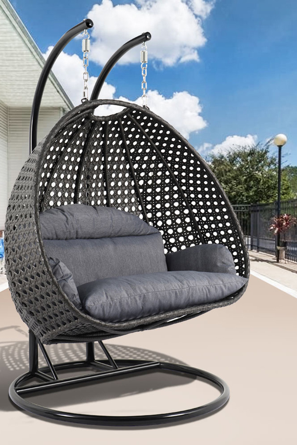 LeisureMod Modern Charcoal Wicker Hanging Double Seater Egg Swing Chair - Charcoal/Blue