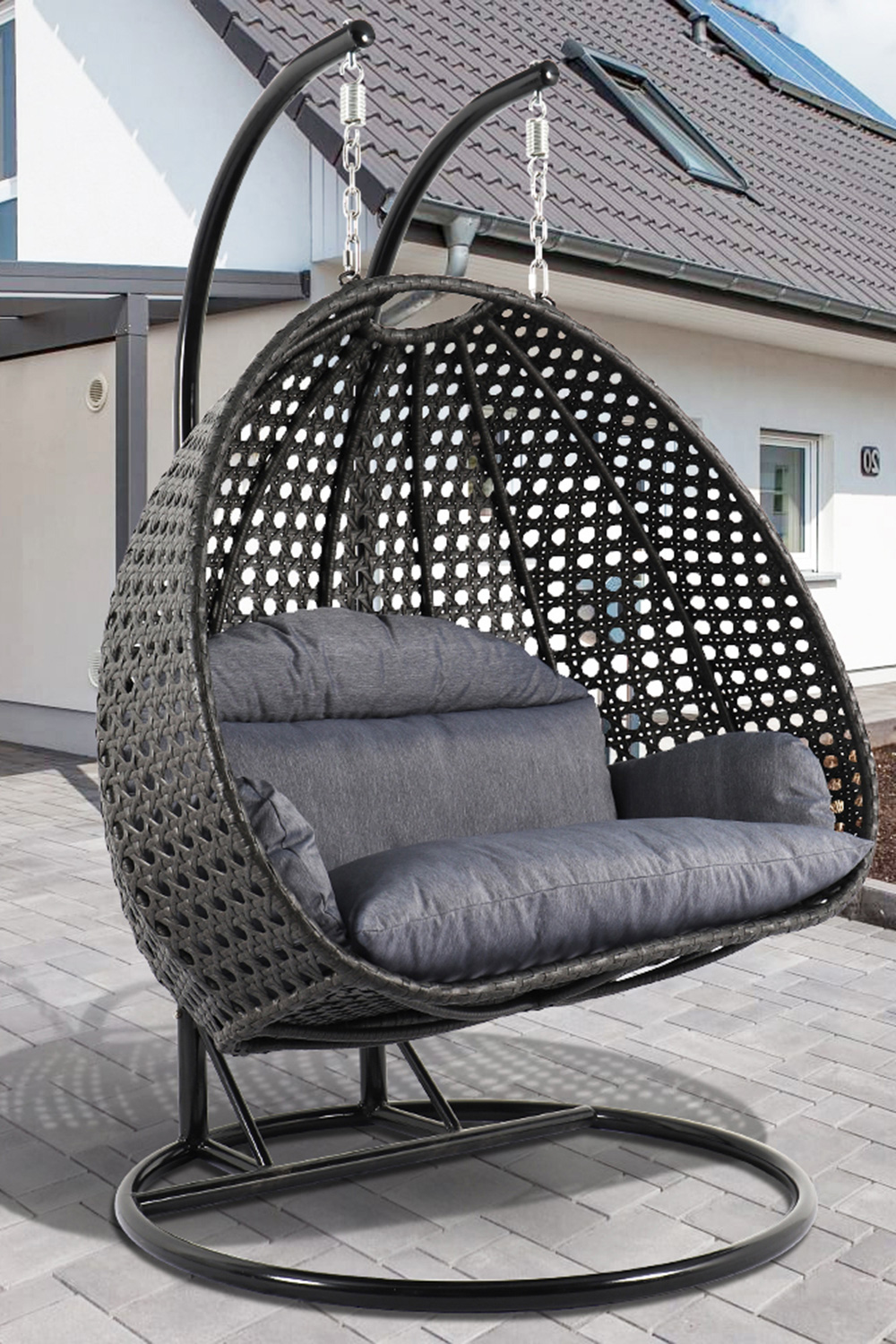 LeisureMod Modern Charcoal Wicker Hanging Double Seater Egg Swing Chair - Charcoal/Blue