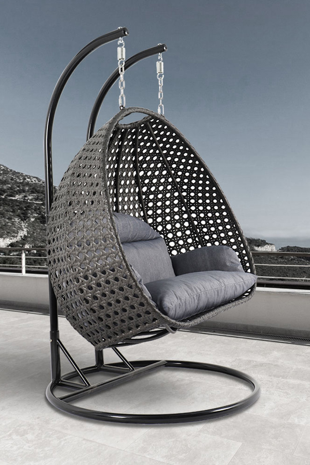 LeisureMod Modern Charcoal Wicker Hanging Double Seater Egg Swing Chair - Charcoal/Blue