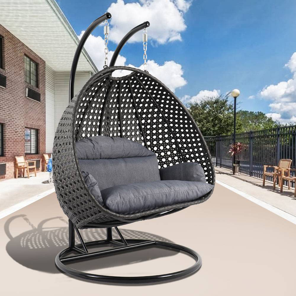 LeisureMod Wicker Hanging 2 person Egg Swing Chair With Outdoor Cover - Charcoal Blue