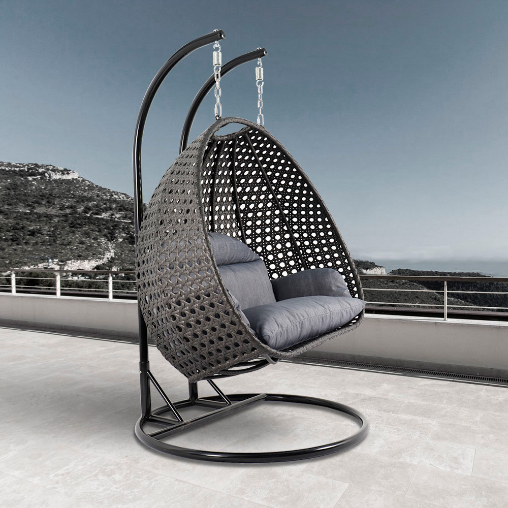 LeisureMod Wicker Hanging 2 person Egg Swing Chair With Outdoor Cover - Charcoal Blue