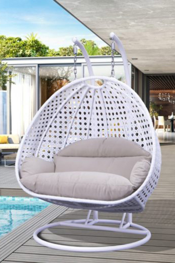 LeisureMod Modern White Wicker Hanging Double Seater Egg Swing Chair