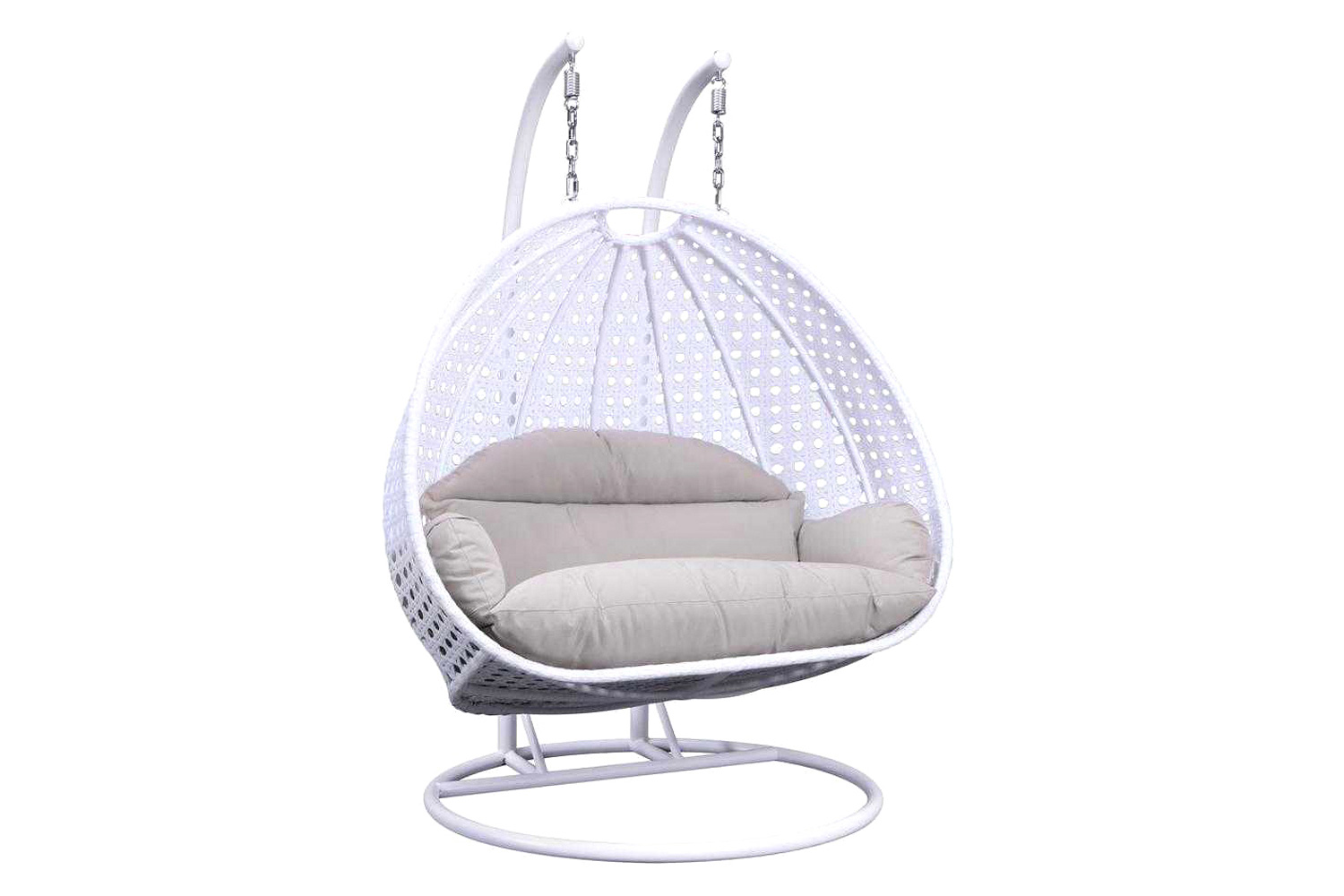 LeisureMod Modern White Wicker Hanging Double Seater Egg Swing Chair - Taupe