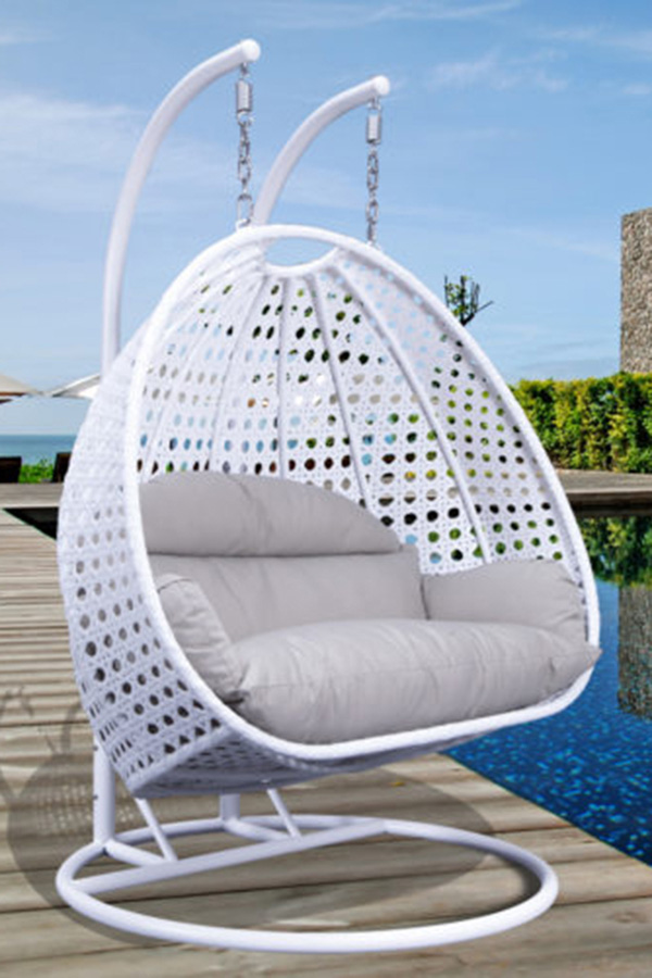 LeisureMod Modern White Wicker Hanging Double Seater Egg Swing Chair - Taupe