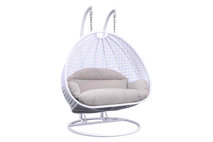 LeisureMod Wicker Hanging 2 person Egg Swing Chair With Outdoor Cover - White Beige