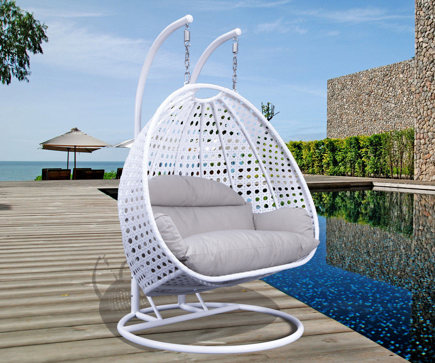 LeisureMod Wicker Hanging 2 person Egg Swing Chair With Outdoor Cover - White Beige