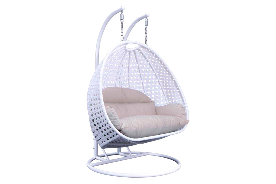 LeisureMod Wicker Hanging 2 person Egg Swing Chair With Outdoor Cover - White Beige