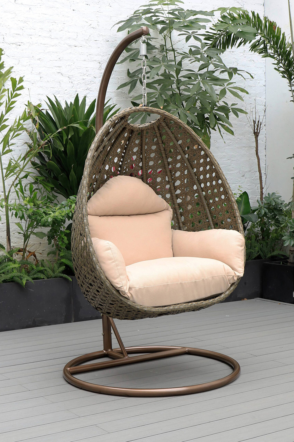 LeisureMod Beige Wicker Hanging Single Egg Swing Chair - Beige