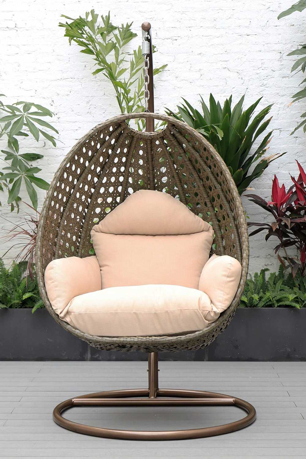 LeisureMod Beige Wicker Hanging Single Egg Swing Chair - Beige