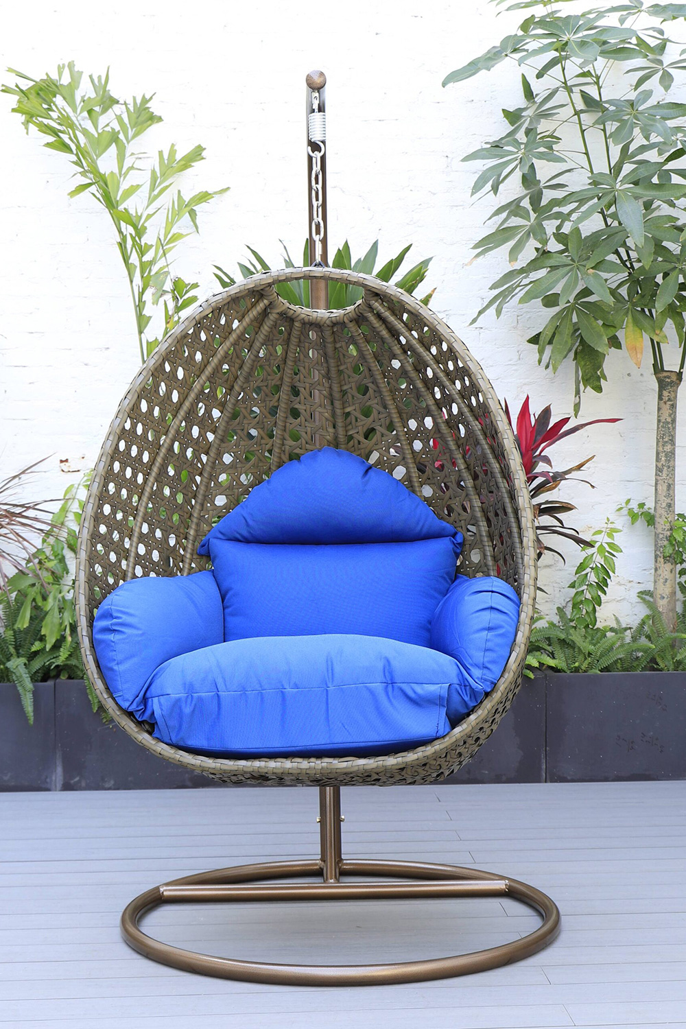 LeisureMod Beige Wicker Hanging Single Egg Swing Chair - Blue