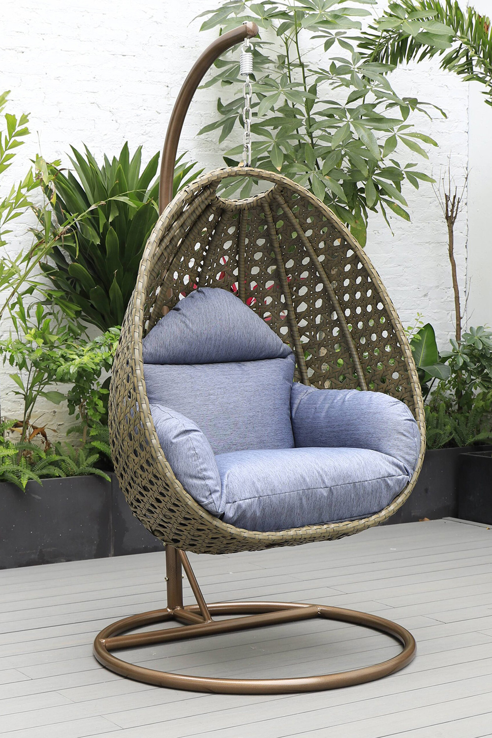 LeisureMod Beige Wicker Hanging Single Egg Swing Chair - Charcoal/Blue