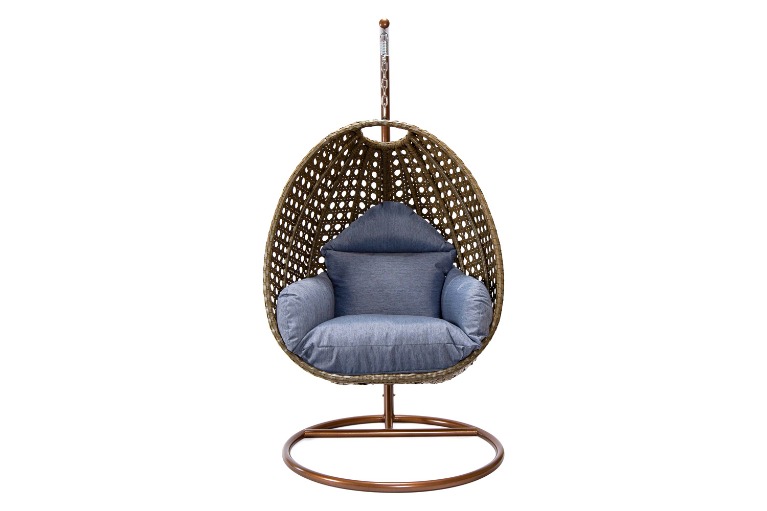 LeisureMod Beige Wicker Hanging Single Egg Swing Chair - Charcoal/Blue