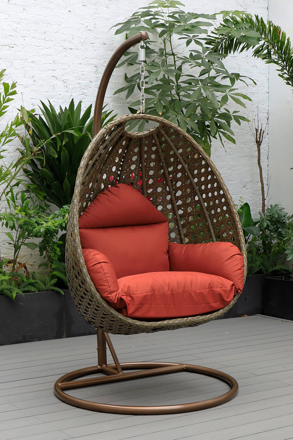 LeisureMod Beige Wicker Hanging Single Egg Swing Chair - Cherry