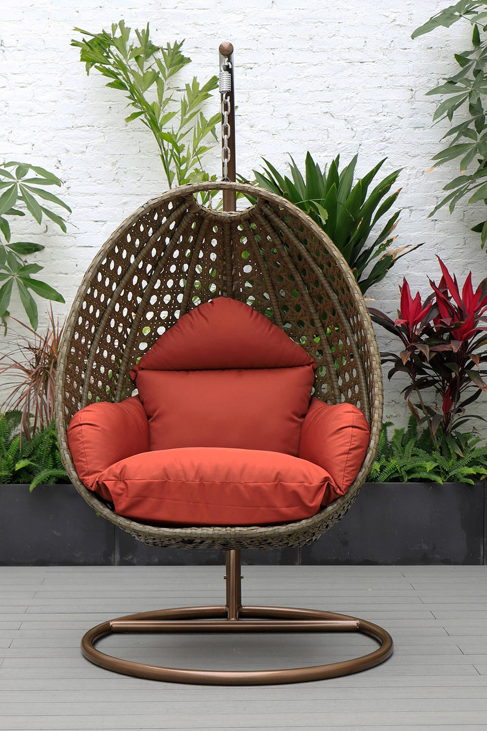 LeisureMod Beige Wicker Hanging Single Egg Swing Chair - Cherry