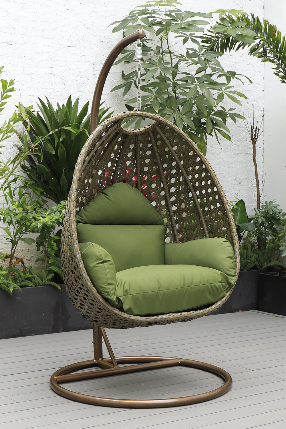 LeisureMod Beige Wicker Hanging Single Egg Swing Chair - Dark Green