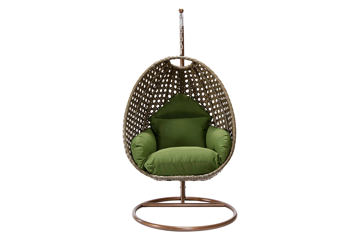 LeisureMod Beige Wicker Hanging Single Egg Swing Chair - Dark Green