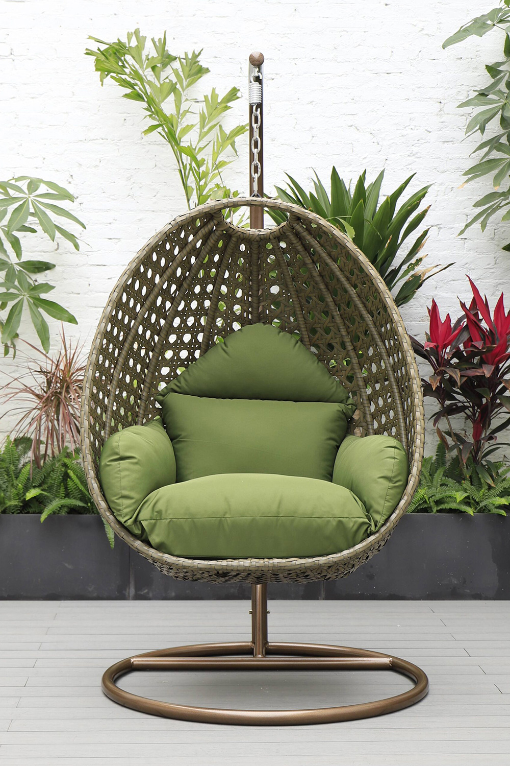 LeisureMod Beige Wicker Hanging Single Egg Swing Chair - Dark Green