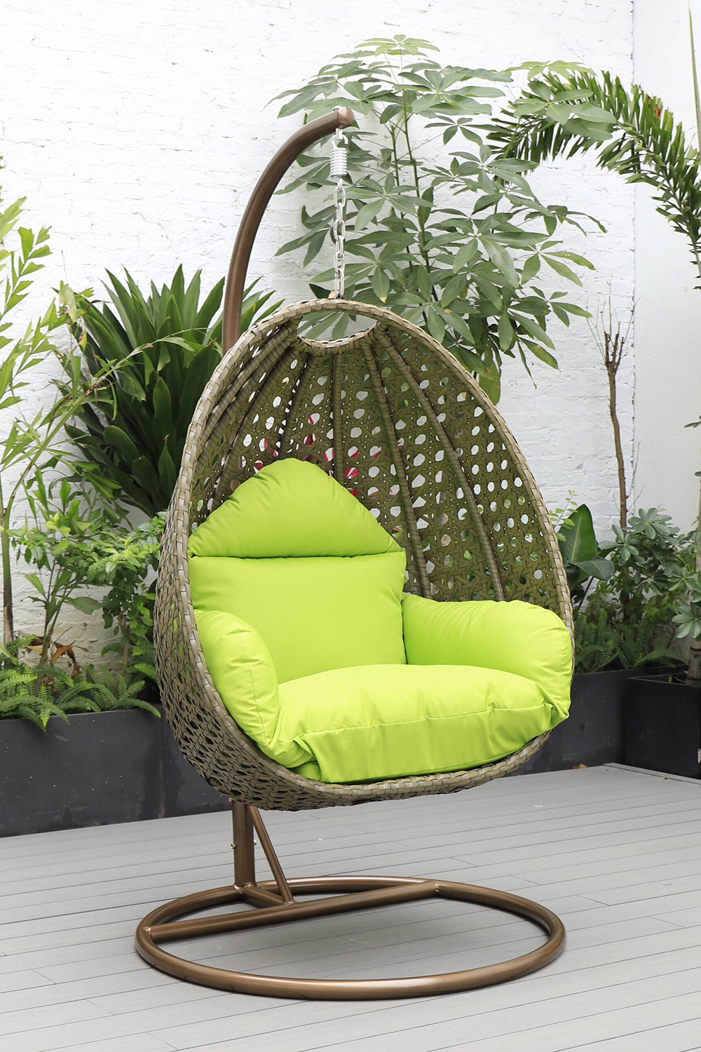 LeisureMod Beige Wicker Hanging Single Egg Swing Chair - Light Green