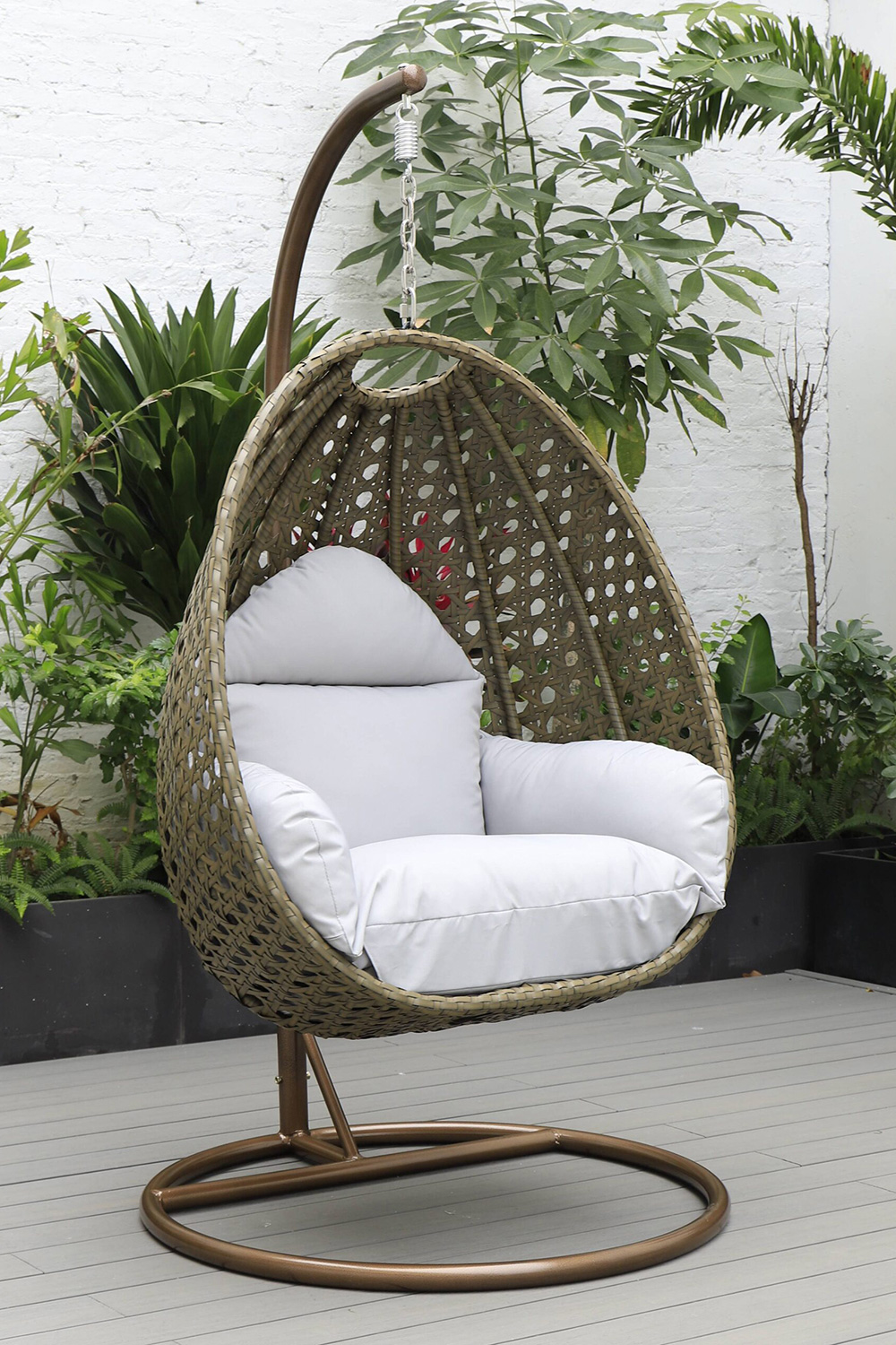 LeisureMod Beige Wicker Hanging Single Egg Swing Chair - Light Gray