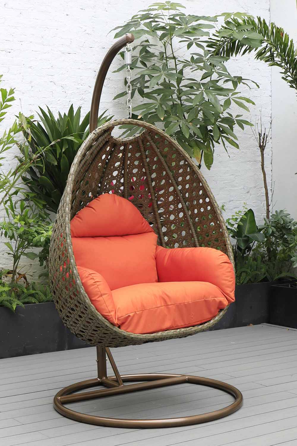 LeisureMod Beige Wicker Hanging Single Egg Swing Chair - Orange