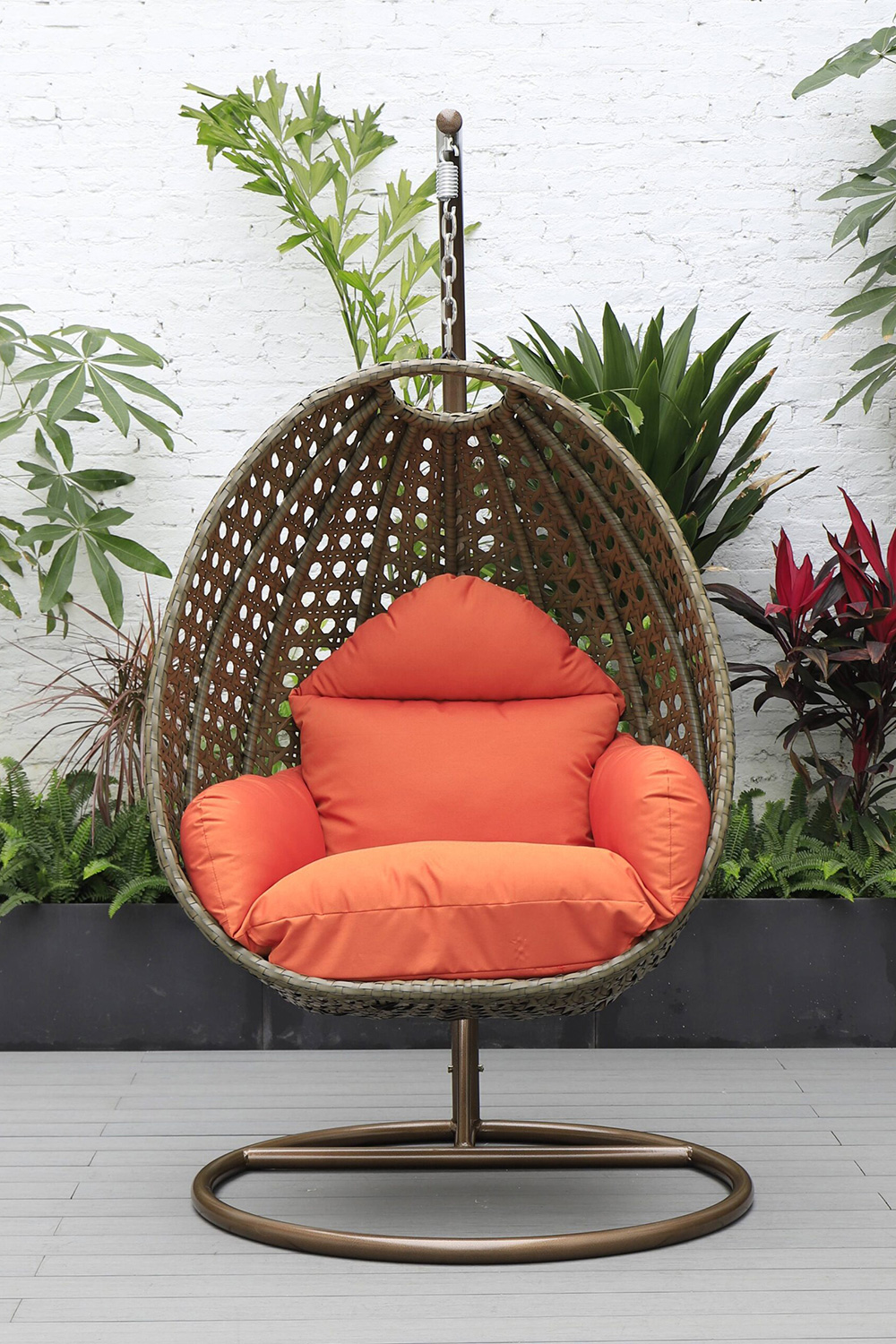 LeisureMod Beige Wicker Hanging Single Egg Swing Chair - Orange