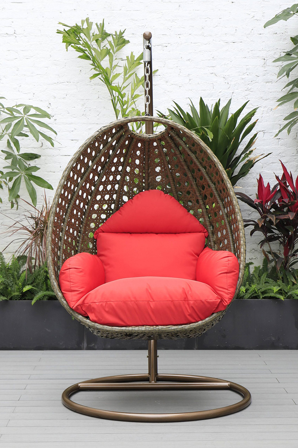 LeisureMod Beige Wicker Hanging Single Egg Swing Chair - Red