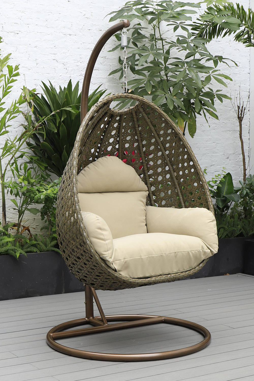 LeisureMod Beige Wicker Hanging Single Egg Swing Chair - Taupe