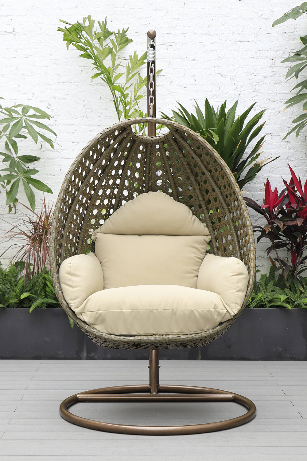 LeisureMod Beige Wicker Hanging Single Egg Swing Chair - Taupe