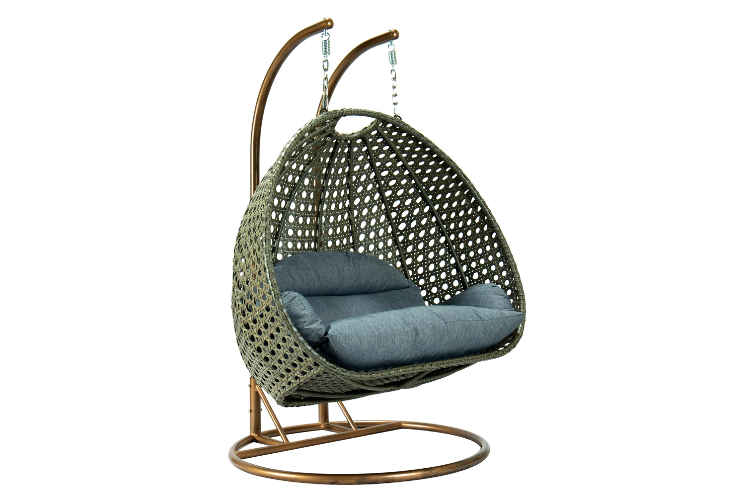 LeisureMod Modern Beige Wicker Hanging Double Seater Egg Swing Chair - Charcoal/Blue