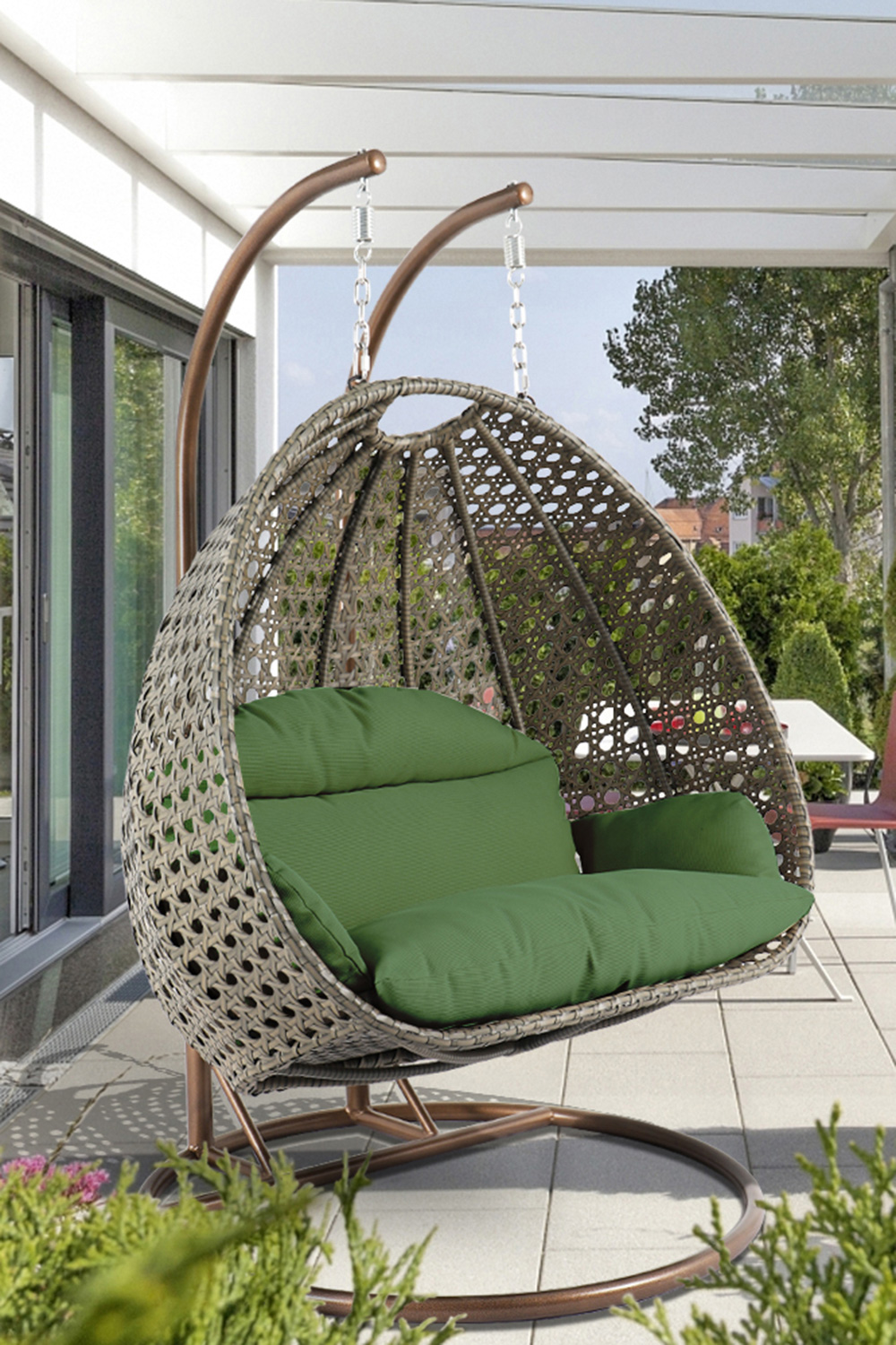 LeisureMod Modern Beige Wicker Hanging Double Seater Egg Swing Chair - Dark Green